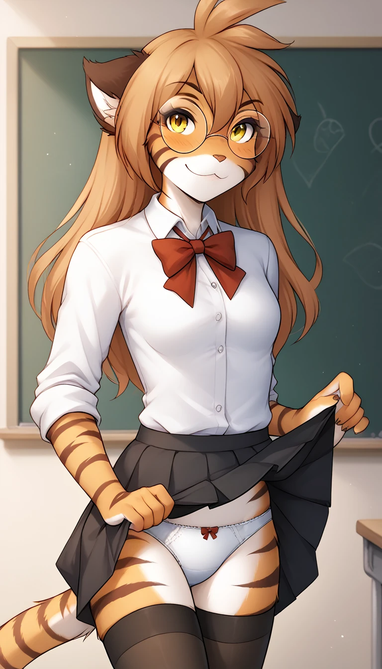 score_9, score_8_up, score_7_up, score_6_up, score_5_up, score_4_up, rating_safe, source_furry, a female anthro fluffy, 1girl, solo, female, furry, anthro, fluffy tail, small breasts, tiger, striped fur, yellow eyes, anthro, a tiger girl in black high stockings and white glasses next to a classroom blackboard, 1girl, chalkboard, thighhighs, skirt, clothes lift, solo, glasses, underwear, skirt lift, panties, furry, furry female, white panties, black thighhighs, lifted by self, black skirt, looking at viewer, shirt, classroom, white shirt, round eyewear, curvy figure, lewd expression, thick highs