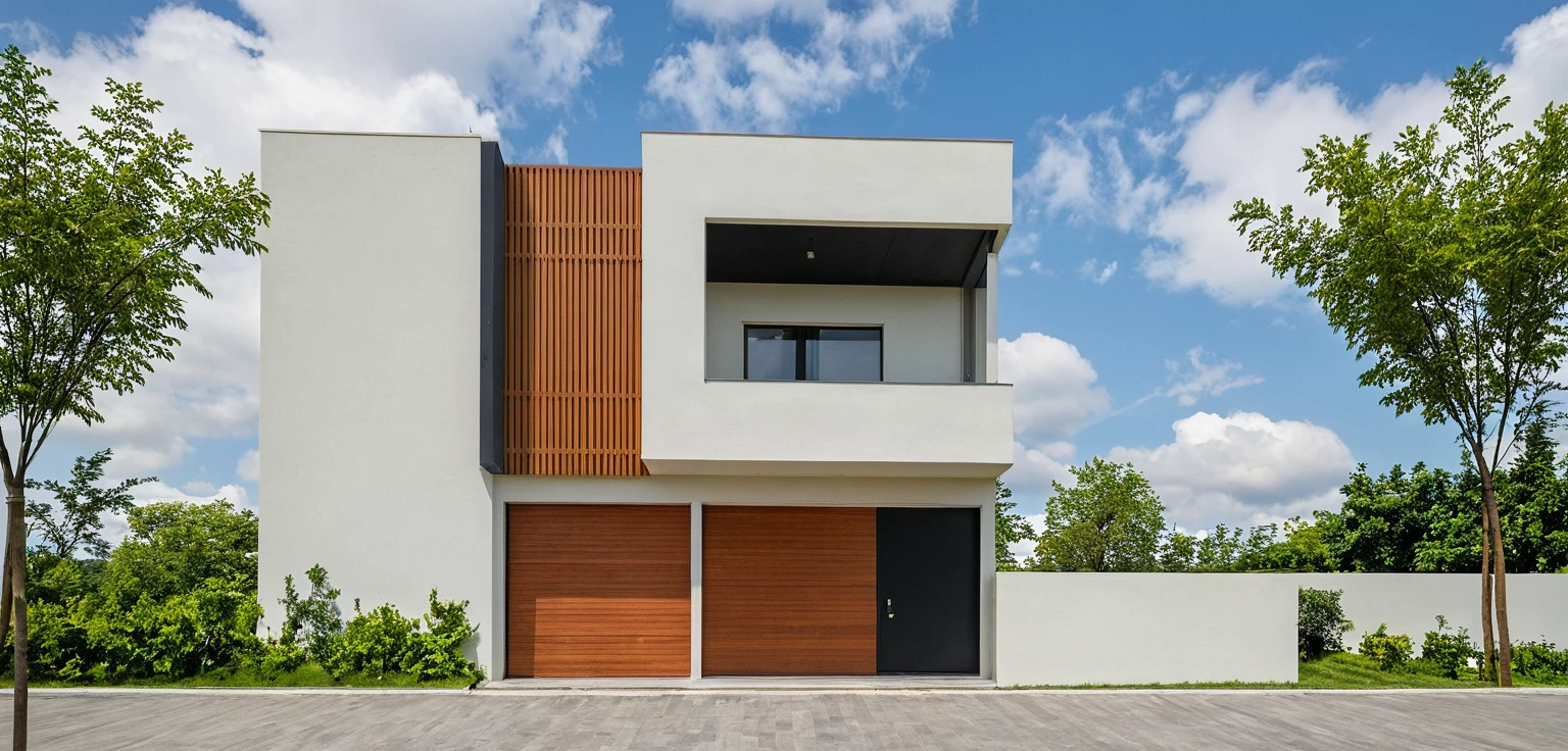 Masterpiece, high quality, best quality, authentic, super detail, outdoors, onestoreyvillaXL, aiaigroup, house style modern on the street ,stairs, white wall ,road,pavement, grass, trees, sky, cloud, (daylight:1.1)
