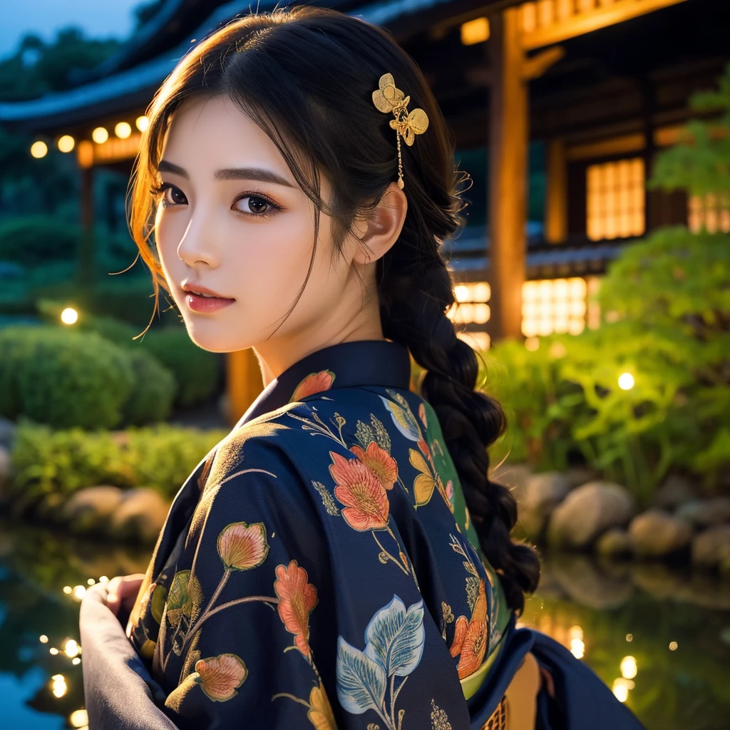 1girl,traditional japanese house,pond,trees,night sky,fireflies,beautiful detailed eyes,beautiful detailed lips,extremely detailed face and features,long eyelashes,elegant kimono,serene expression,photorealistic,8k,high quality,masterpiece,vibrant colors,dramatic lighting,moody atmosphere