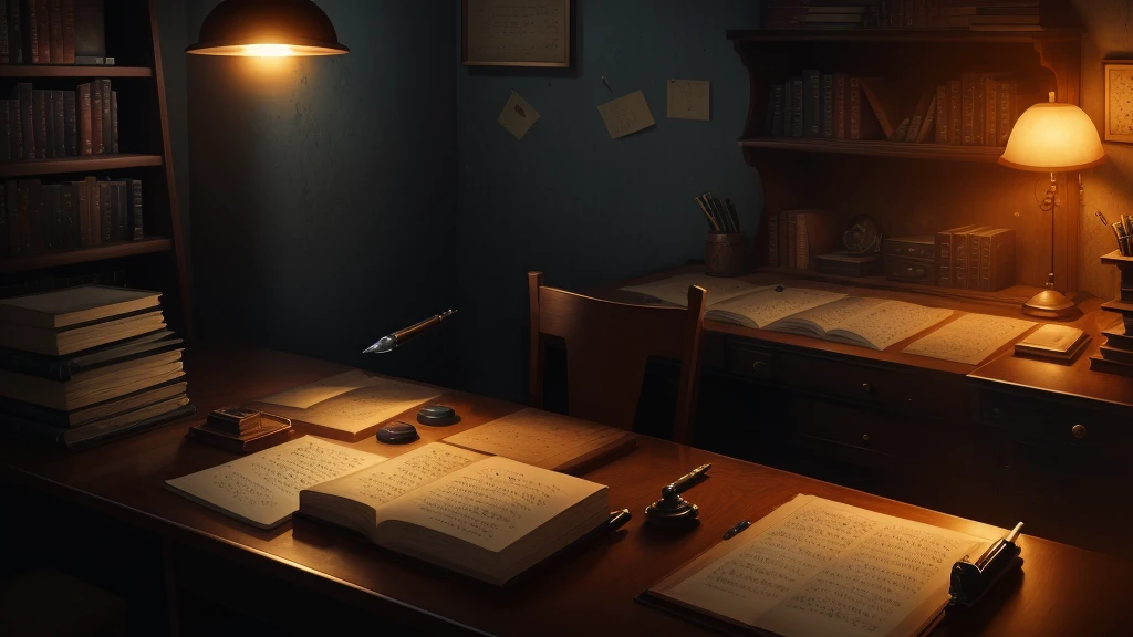 The camera angle is slightly elevated, capturing the police searching Ranpo's study. On the desk in the foreground, fountain pens, an inkwell, and manuscript papers are scattered. Bookshelves line the back wall. A gloved hand of a detective is seen picking up a book and examining it for clues. The overall lighting is dim, creating a somber and oppressive atmosphere.