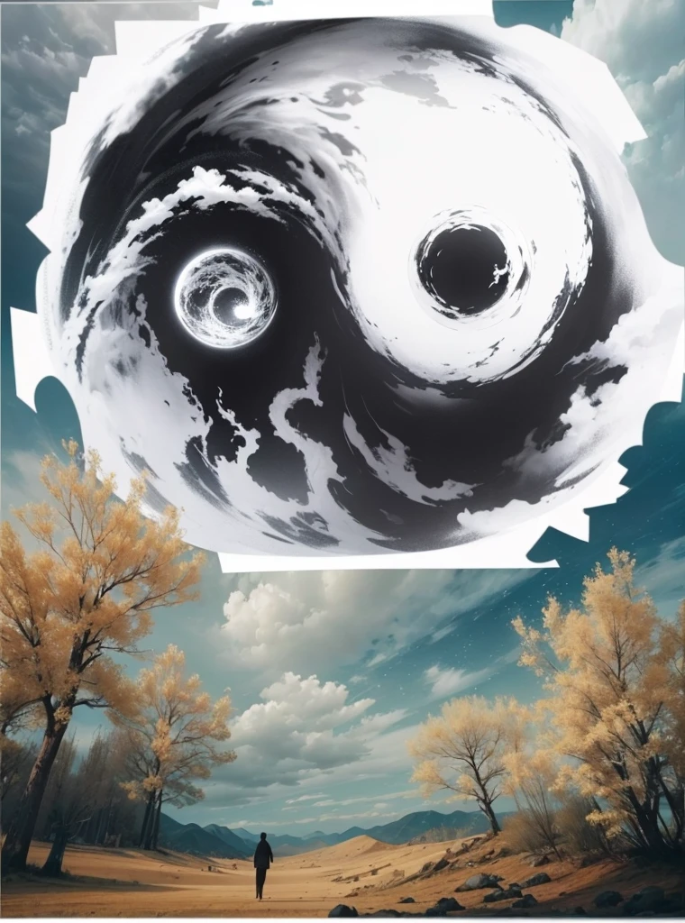The whole sky turned into a black and white Tai Chi diagram，Half pure white and half pure black