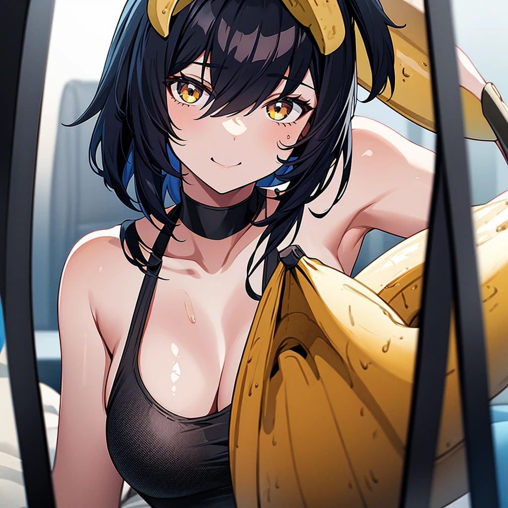 A banana enters the mouth of a girl with black bob hair wearing a swimsuit