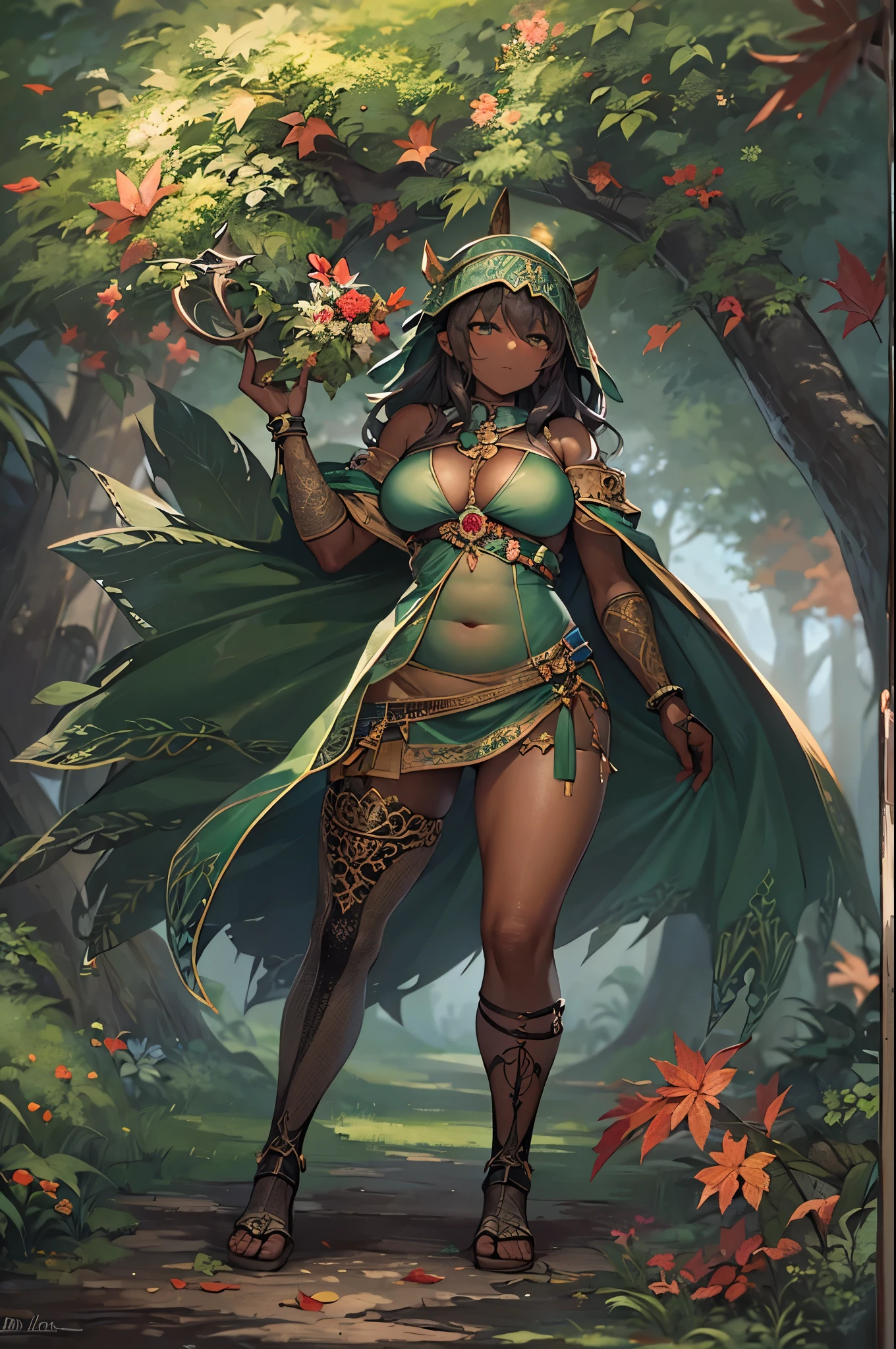 fantasy, 1forest_elemental_girl, (dark_skin)0.9, (using_leaves_clothes, green_leaves_covered_breasts, leaves_covered_pussy)+++,large_breasts, walking, (smile, sleepy)+, medium_hair, navel, oil, (winding_vine_around_torso)++, forest_background, leaves_headgear, green_leaves_cape,armpits, spread_arms, large_staff, thighhighs, plump,