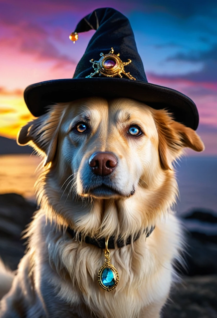 Image of a golden dog ,magical dog , deep ocean colour eyes , labradog , golden fur, wearning wizard hat , black hat , magical background scenery , dog looking at the camera , bright light
