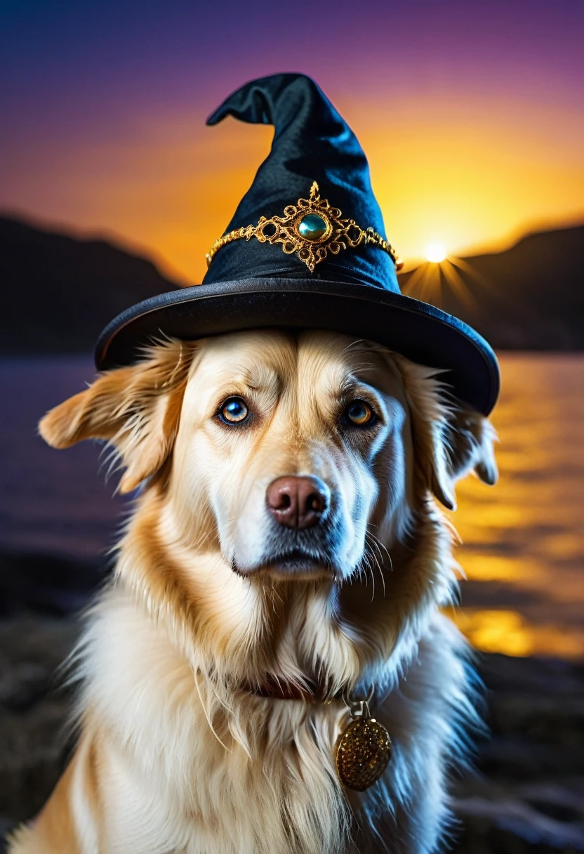 Image of a golden dog ,magical dog , deep ocean colour eyes , labradog , golden fur, wearning wizard hat , black hat  , magical background scenery , dog looking at the camera , bright light 