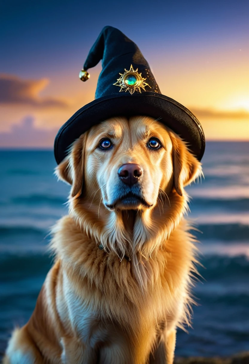 Image of a golden dog ,magical dog , deep ocean colour eyes , labradog , golden fur, wearning wizard hat , black hat , magical background scenery , dog looking at the camera , bright light