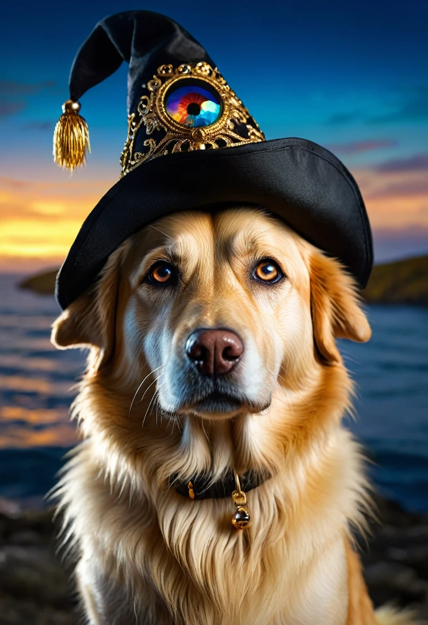 Image of a golden dog ,magical dog , deep ocean colour eyes , labradog , golden fur, wearning wizard hat , black hat , magical background scenery , dog looking at the camera , bright light