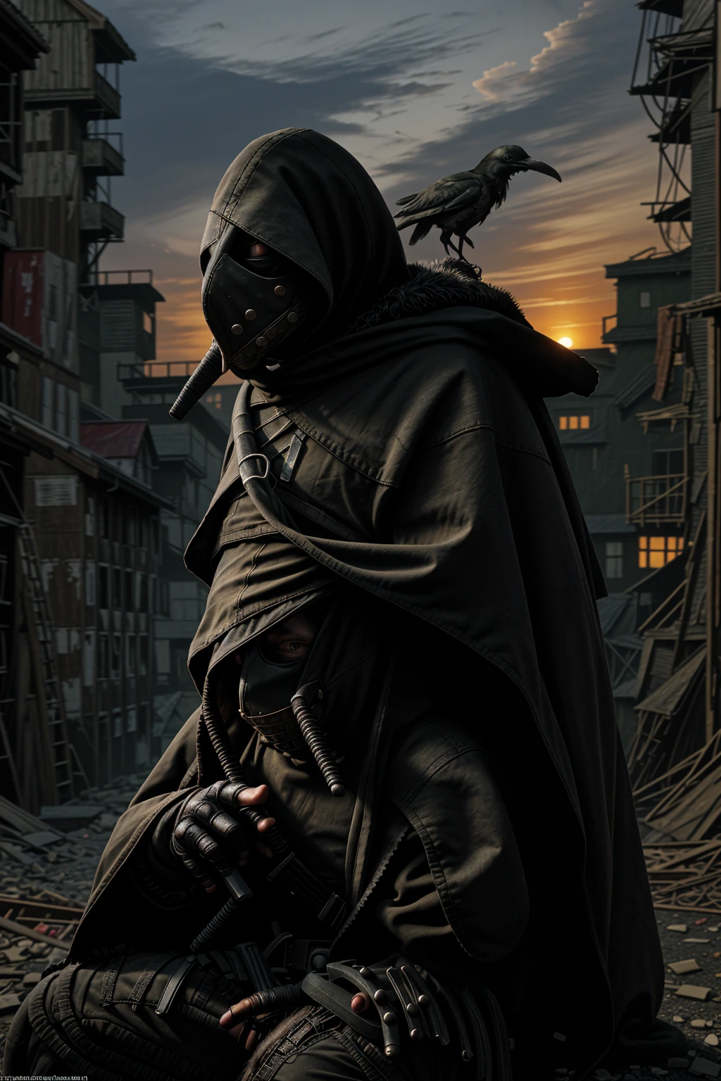 a man wearing modern military grade armor, gear belt full of gun magazines, a tattered hood over his head, wearing a plague doctor mask, a futuristic and hastily repaired semi-automatic rifle strapped over his back, a regular built body, wearing a messy black cloak, bandage wraps around his arms, in a dilapidated city, city profile, hyper-realistic, sunset, very detailed plague doctor mask over his face, sitting on the floor, cinematic side view, sunset in the background, bird-nosed plague doctor mask