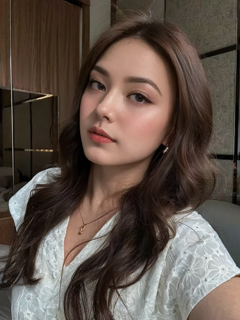 (best quality,8k,highres,masterpiece:1.2), realistic, photorealistic:1.37, UHD, studio lighting, sharp focus, extreme detail description, professional, vivid colors, bokeh, portraits, extremely detailed face texture, beautiful detailed eyes, beautiful detailed lips, extremely detailed hair, dark colored hair, youthful appearance, big round breast, cleavage, proportional eyes, seducing smile, clean and natural face, no makeup, bare face, indonesian face,