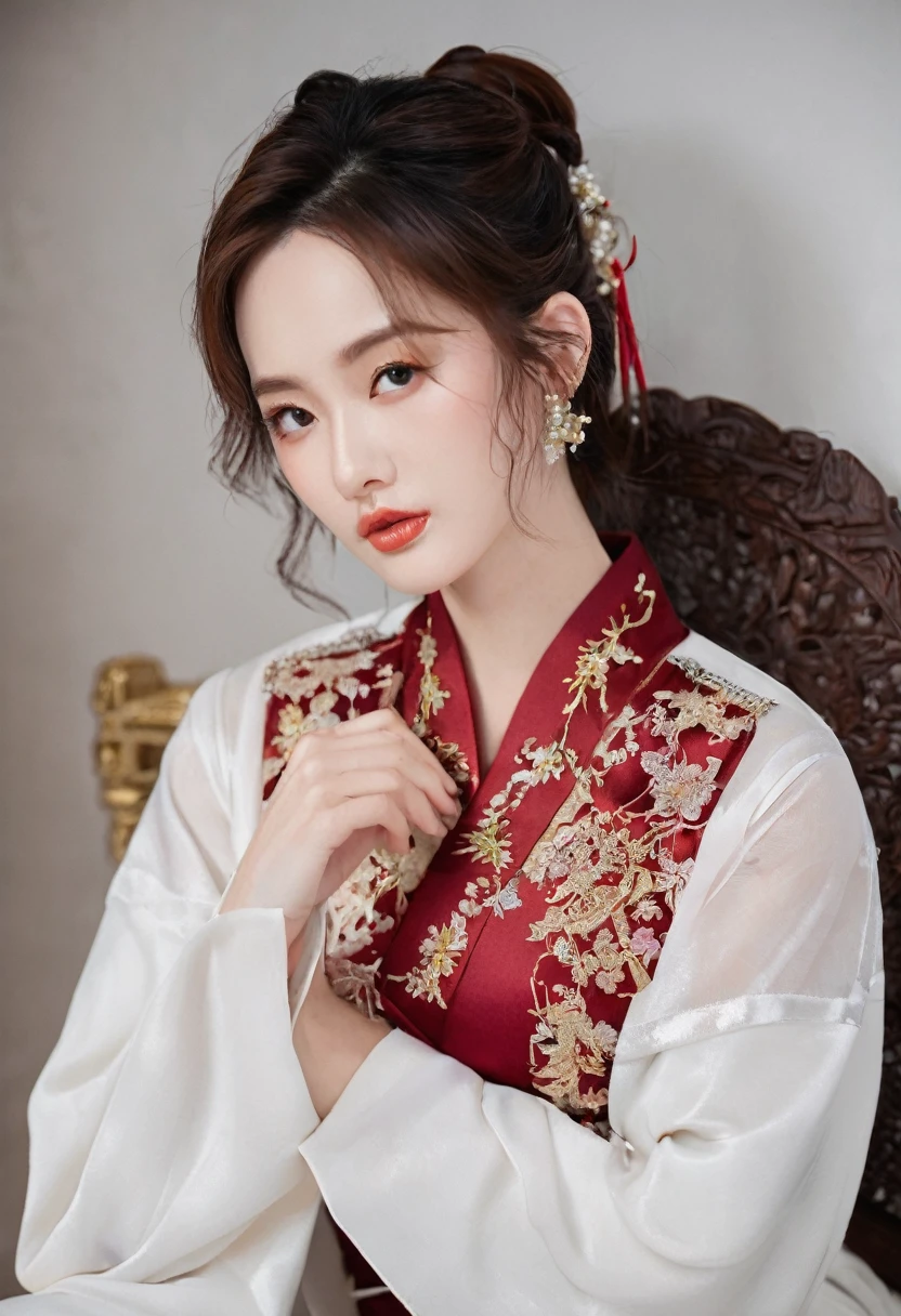 elegant woman, dark red hair, red mouth, High nose, big breastsมาก, Fei Yu_robes, red cloth, Gold Embroidery， black embroidered gold, big breasts, high ponytail，long hair, depth of field, สาวสวยกับdetailsที่สวยงาม, European face, ดวงตาและใบหน้าที่Very detailed，detailsrobesเยอะ, ดวงตาพร้อมdetailsที่สวยงาม， nonsense， The resolution is incredibly ridiculous.， hugeFilesize， ไฮเปอร์details， High resolution， Very detailed， best quality， Masterpiece, ดวงตาพร้อมdetailsที่สวยงาม， The resolution is incredibly ridiculous.， hugeFilesize， ไฮเปอร์details， High resolution， Very detailed， best quality， Masterpiece， illustration， มีdetailsและสวยงามเป็นพิเศษ， Very detailed， CG， unity， 8k wallpaper， Surprisingly， details， Masterpiece， Highest quality， วอลล์เปเปอร์ CG unity 8k ที่มีdetailsมาก（Perfect shiny skin：0.6）