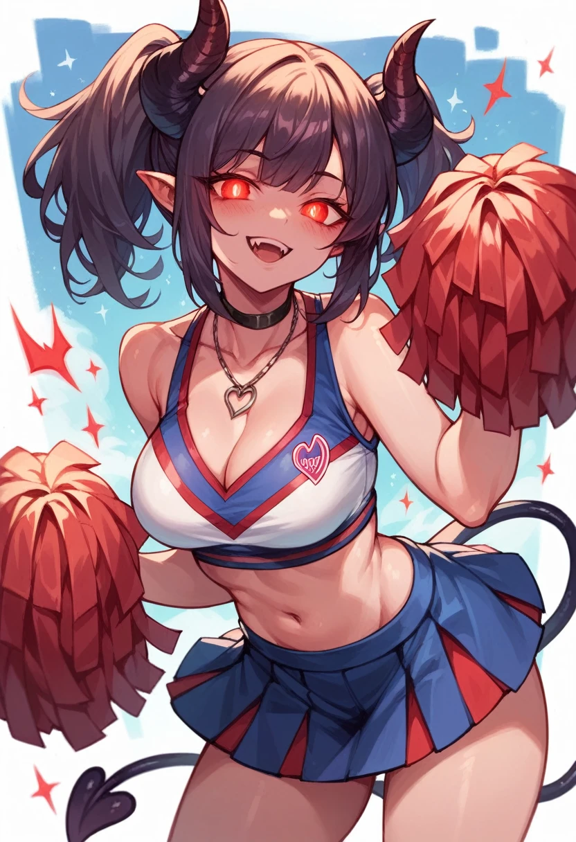 cheerleader with demon tail, big , red glowing eyes, seductive smile , with black tiny demon horns, wearing necklace,