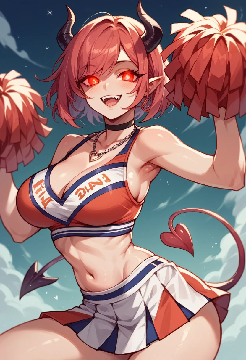 cheerleader with demon tail, big , red glowing eyes, seductive smile , with black tiny demon horns, wearing necklace, 