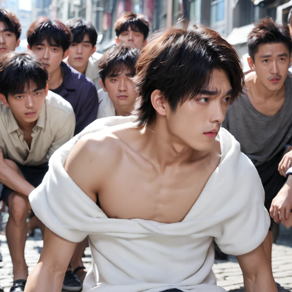 20-year-old male、Hunchback、Lonely、Surrounded by several men 8K Ultra HD, high quality