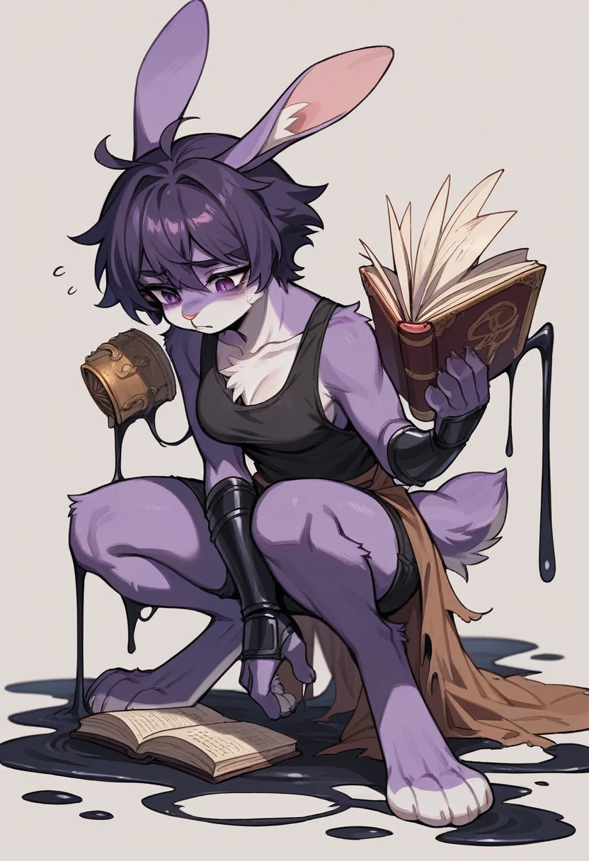 create a picture of a female half rabbit character with purple giant rabbit digitigrade legs with white paws, put purple rabbit ears on top of her head, make her wearing a black athletic tank top and black shorts, put purple fur on her arms from her elbows down, give her short brown hair, make her legs look fluffy and furry, make it in an anime style, make her outfit slightly tattered and torn, make her look super tired, give her black gauntlets, make the background look like a pitch black wet environment, make her reading an ancient book, make her look soaked in black goo