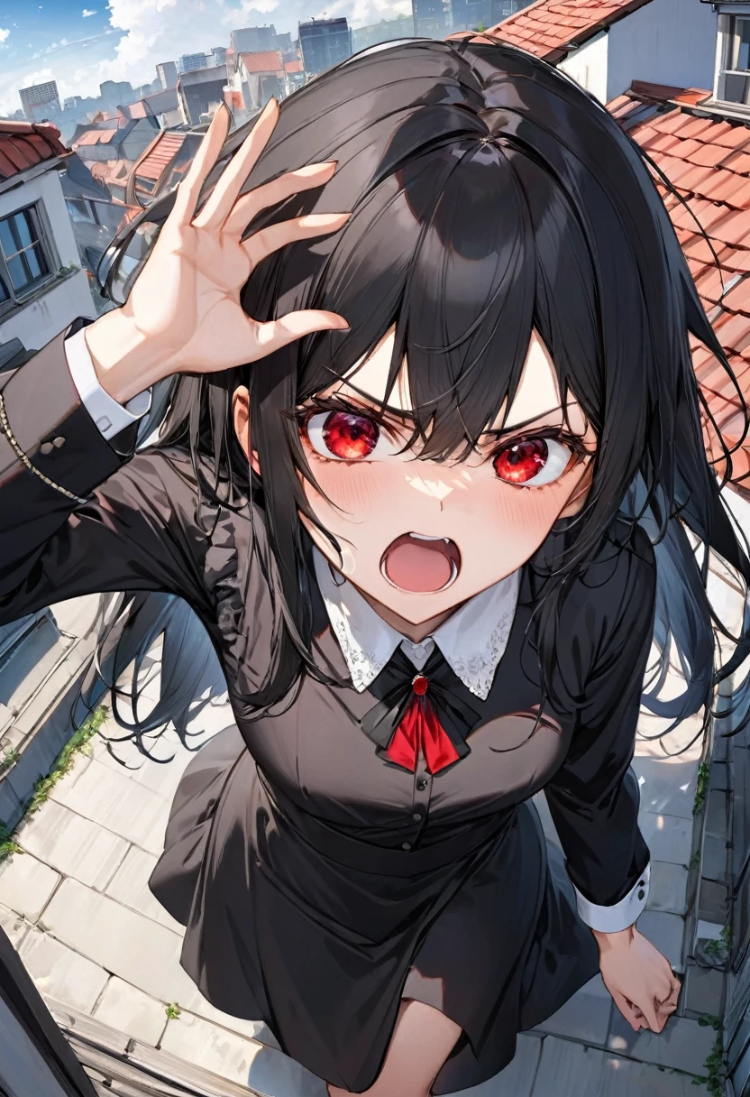 (from above) (Throw both hands up into the sky, looking at the sky), (solo:2, 18 yo, straight black hair long hair angry dominance girl, angry red eyes, open mouth), in a formal dress), break, in the rooftop, BREAK, perfect anatomy, masterpiece, best quality, 16k, beautiful detailed grow, daydreaming expression.