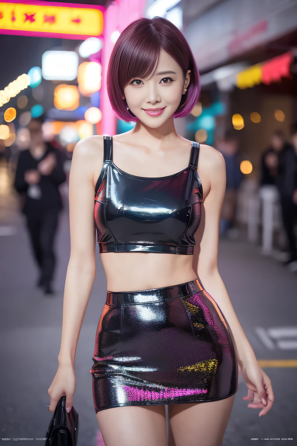 Browsing Caution、Female Idols、smile、Ezvian everywhere、、Shiny latex mini skirt(Neon Fuchsia)、(Multi-colored short hair)、Conceptual Art, high quality, Realistic, Very detailed CG synthesis 8k wallpaper, Very detailed, High resolution raw color photos, Professional photography, Realistic portrait, Cinematic Light, Beautiful details, Very detailedな, Attention to detail, (((Bokeh))), Written boundary depth, illumination, Neon Street, Super stylish lighting