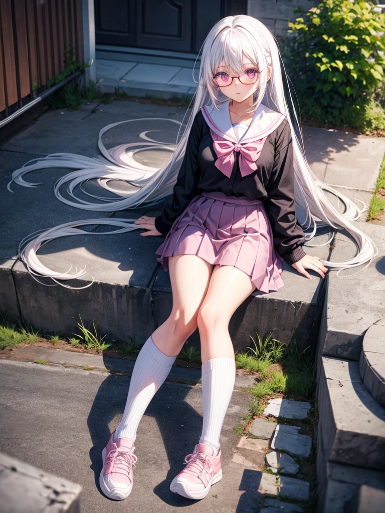 Anime girl white hair pink eyes have glasses wearing pink school umiform black skirt white socks black shoes