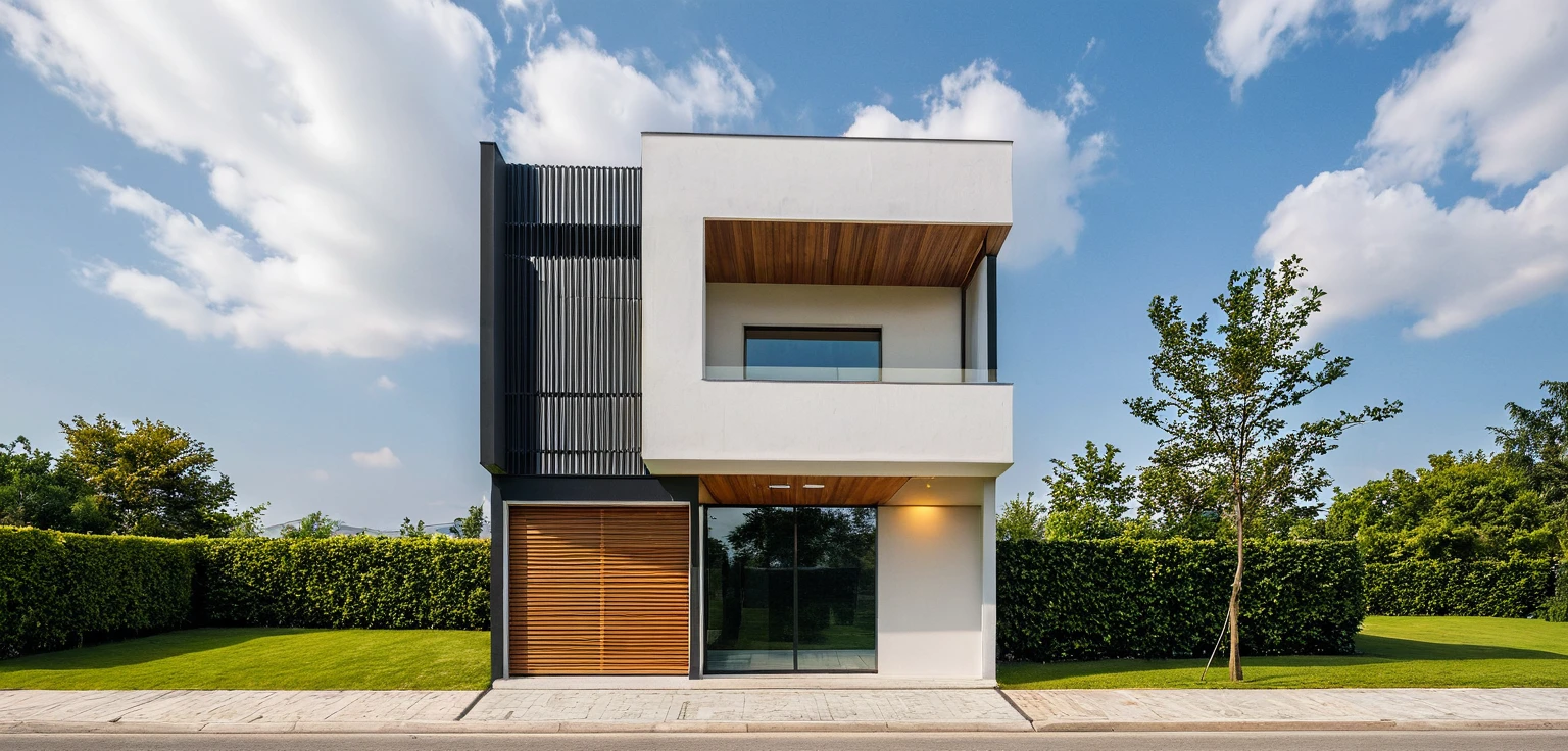 Masterpiece, high quality, best quality, authentic, super detail, outdoors, onestoreyvillaXL, aiaigroup, house style modern on the street ,stairs, white wall ,road,pavement, grass, trees, sky, cloud, (daylight:1.1)
