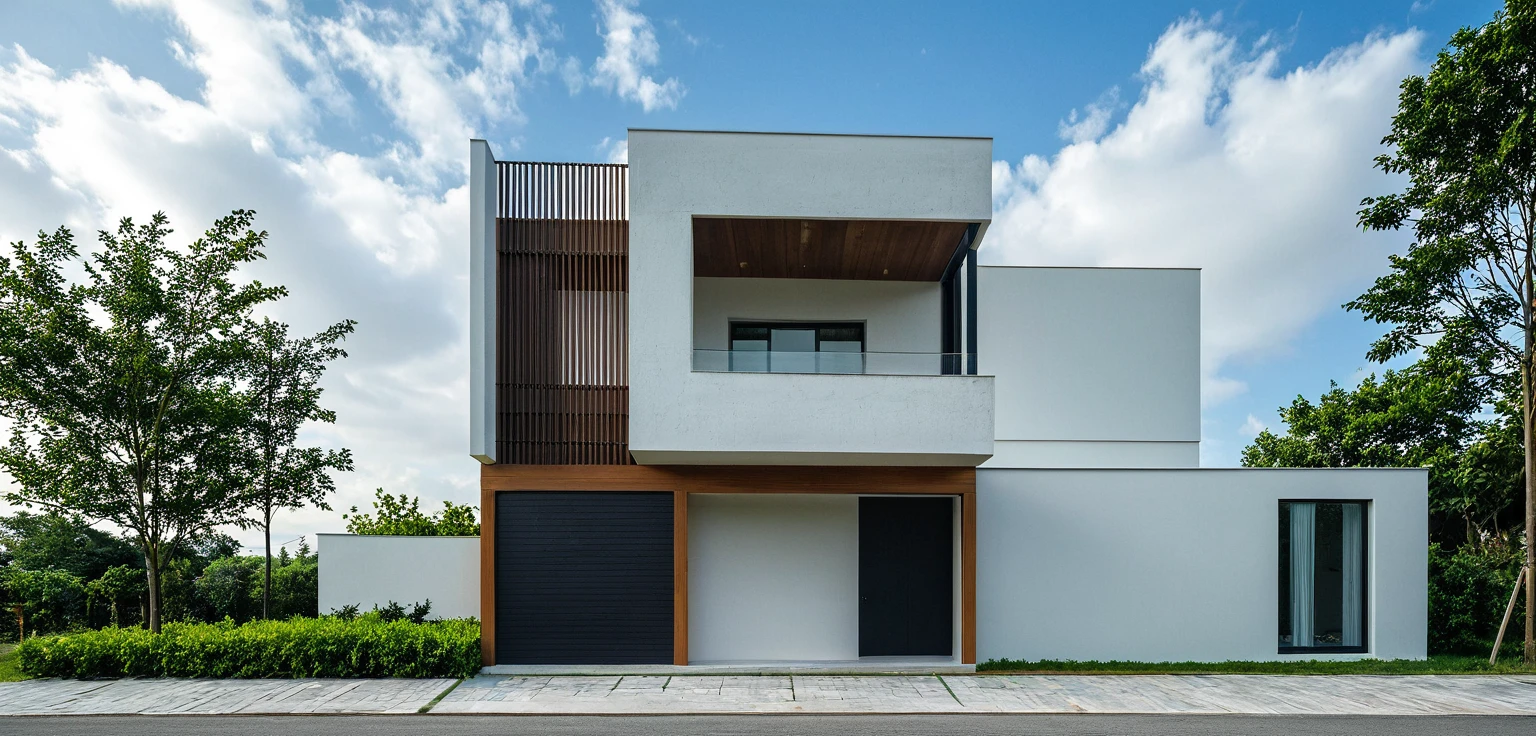 Masterpiece, high quality, best quality, authentic, super detail, outdoors, onestoreyvillaXL, aiaigroup, house style modern on the street ,stairs, white wall ,road,pavement, grass, trees, sky, cloud, (daylight:1.1)