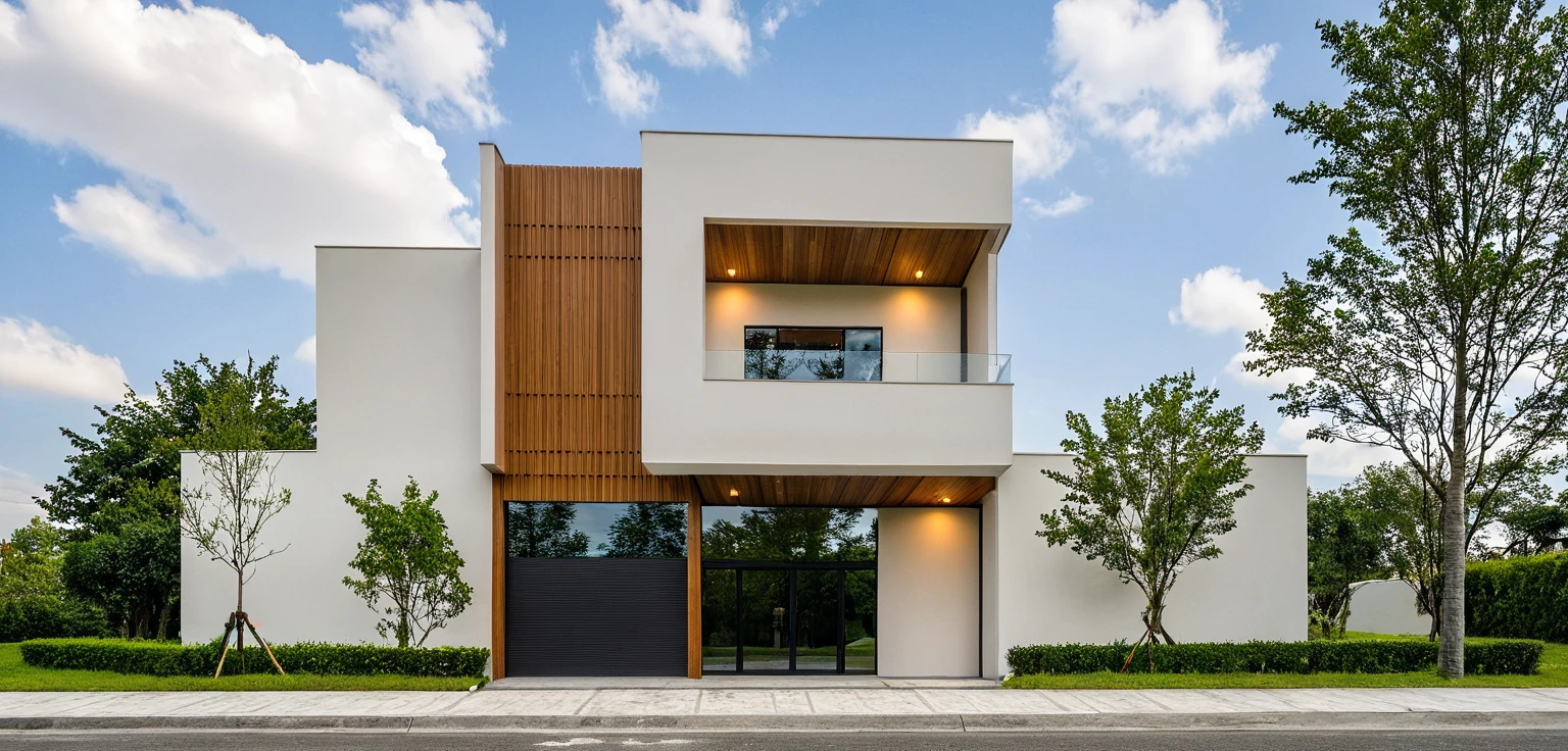 Masterpiece, high quality, best quality, authentic, super detail, outdoors, onestoreyvillaXL, aiaigroup, house style modern on the street ,stairs, white wall ,road,pavement, grass, trees, sky, cloud, (daylight:1.1)