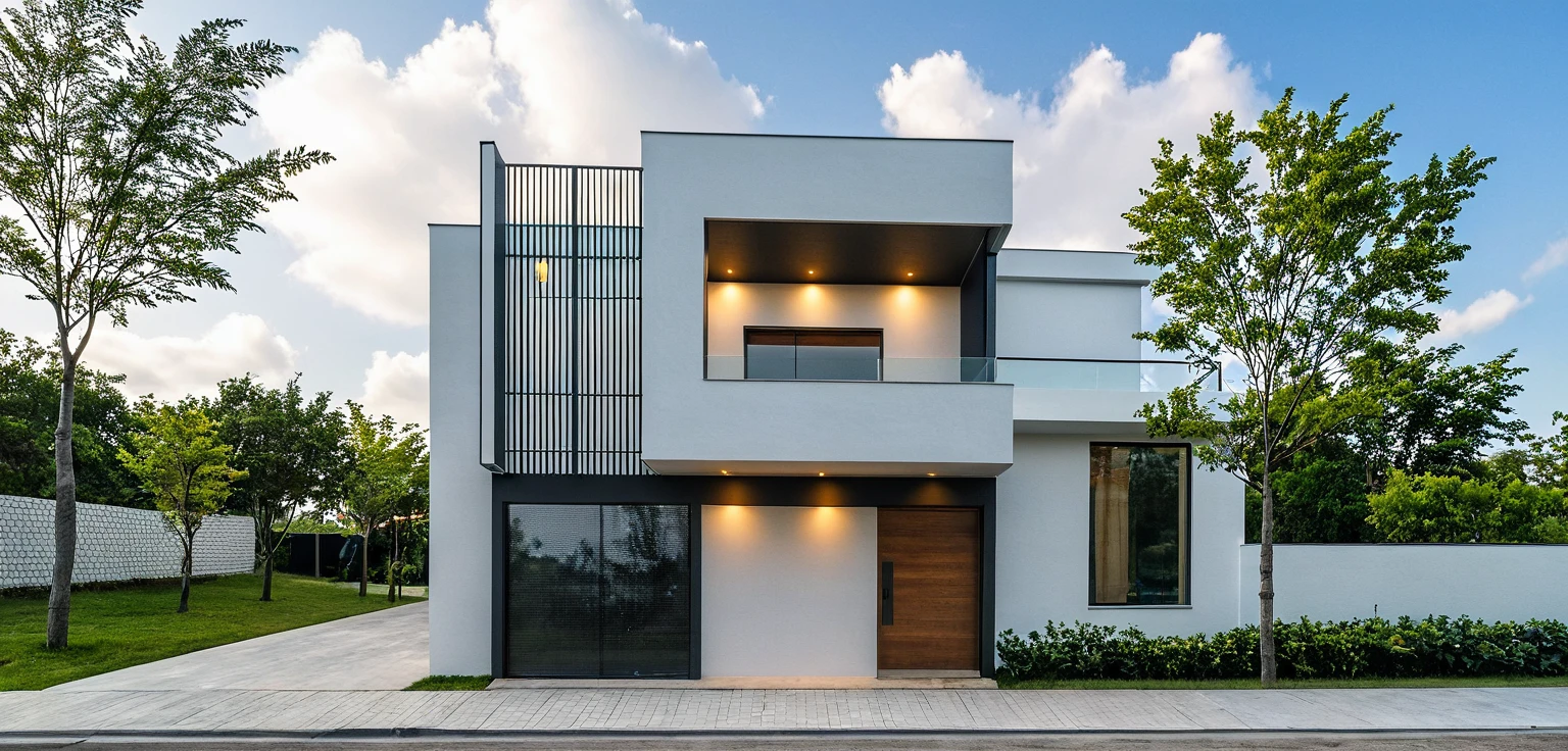 Masterpiece, high quality, best quality, authentic, super detail, outdoors, onestoreyvillaXL, aiaigroup, house style modern on the street ,stairs, white wall ,road,pavement, grass, trees, sky, cloud, (daylight:1.1)