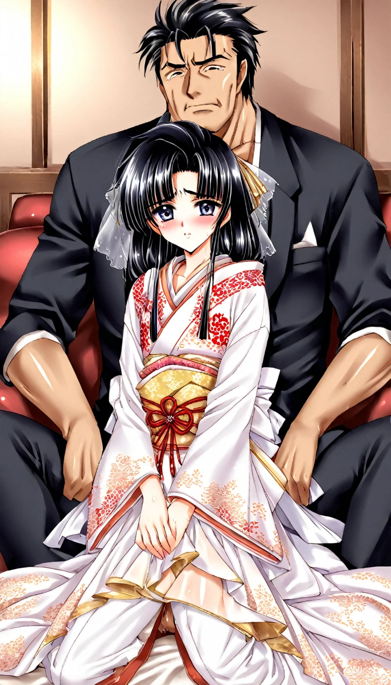 A beautiful 15-year-old princess from the Sengoku period with long black hair　Gorgeous embroidery, Ultra glossy, She is wearing a shiny Japanese wedding kimono worn by brides（white without dirt）I am wearing....  On her wedding night, she has intense sex with an older man