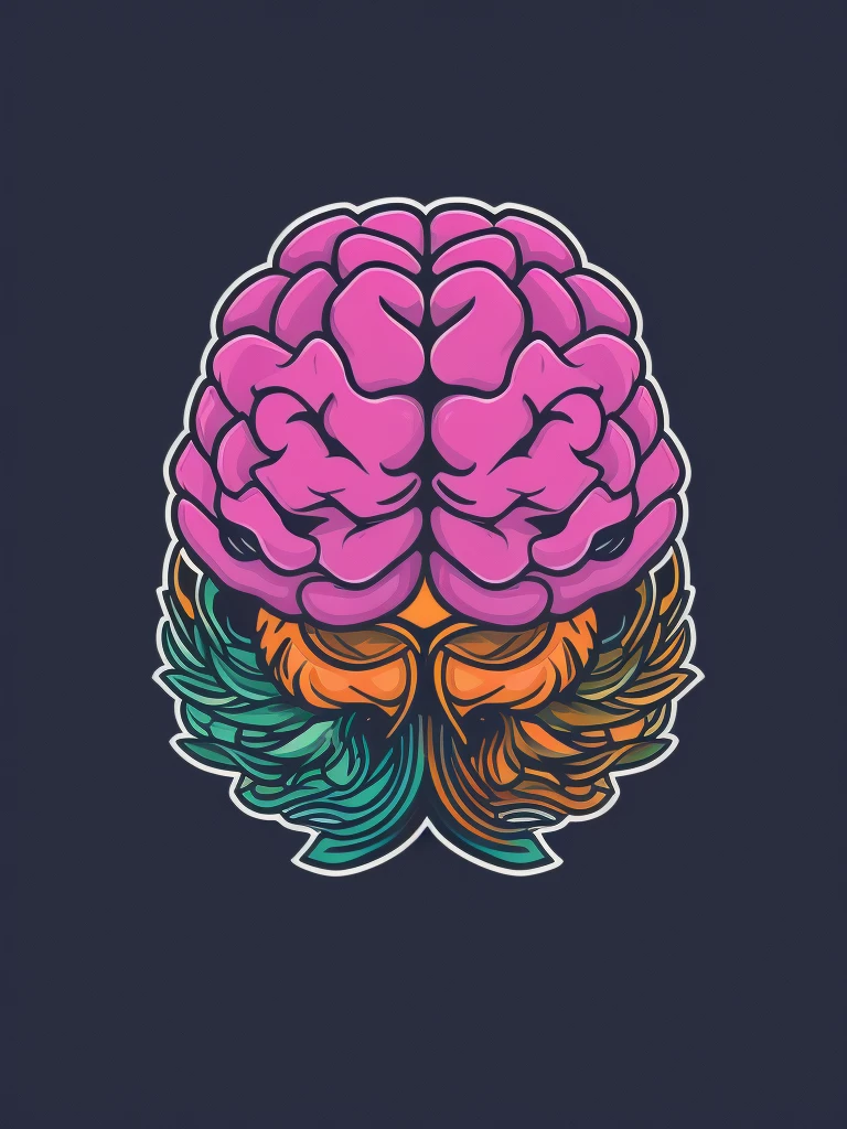 A detailed illustration of a brain, technical, scientific, t-shirt design, bright dark colors, t-shirt design, pastel tetradic colors, 3D vector art, dark and quirky, fantasy art, Adobe Illustrator, hand-drawn, digital painting, low-poly, soft lighting, retro aesthetic, focused on the object, 4K resolution, photorealistic rendering, using Cinema 4D, isometric style