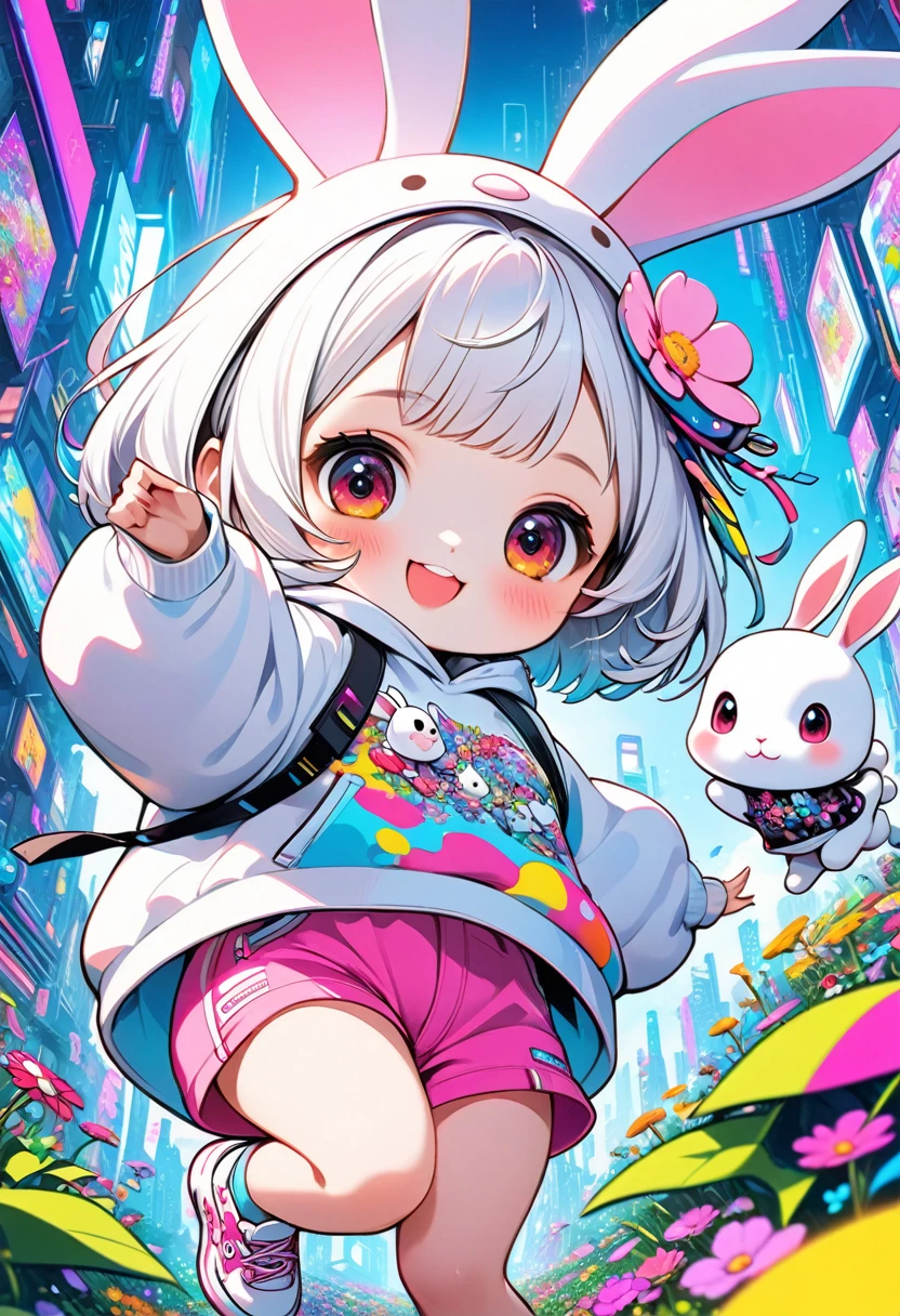 Cyberpunk meets psychedelic Pop3dCG
 illustrations,A cute Chibi Style girl and a cute white rabbit playing happily,GirlsTen Age With white short hair,The short hair grows in colorful spots,She has a very cute face and is adorable.Wearing a cap with a pop illustration,The outerwear is mainly white.A cute, pop and colorful oversized hoodie,With pink shorts Wear colorful sneakers, a very cute smile,The rabbit is a cute white slightly chubby rabbit.Give the girl a cute smile,A fantastical cyberspace reminiscent of cyberpunk.Psychedelic and pop colours A cute flower field background、The girl and the rabbit are jumping around and playing dynamically.(High quality, high definition, masterpiece, best quality, :16k).Ultra detail, vivid colors,