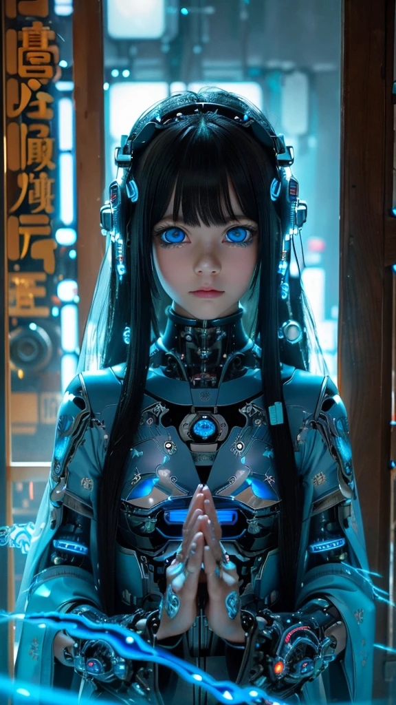 Ultra-detailed, master piece, best quality, high resolution,  detailed eyes, detailed face, (Neo Tokyo:1.5), (Cyberpunk:1.5), (Fusion with Machine:1.5), ************, very pretty and beautiful, girl with mysterious atmosphere, ghost,  in appearance, graceful in traditional Japanese costume and design, (beautiful light blue eyes:1.5), (light blue plasma around her:1.5), bio-mechanical, traditional Japanese room with elegance, long black hair, bangs, face, hands, design and (light blue plasma surrounds), biomechanical, Japanese traditional noble Japanese room, long black hair, bangs, face, hands, designs and decorations are detailed and clearly drawn, ultra realistic and realistic image with super high resolution