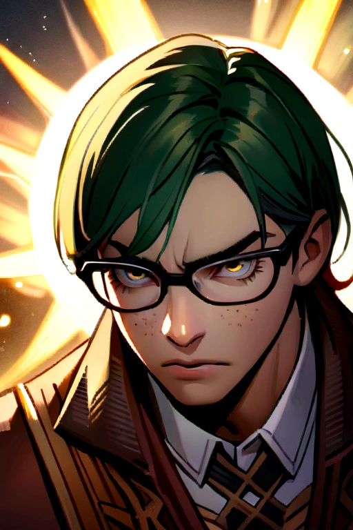 A boy with yellow eyes wearing glasses, green hair, freckles, and a serious expression
(best quality,4k,8k,highres,masterpiece:1.2),ultra-detailed,(realistic,photorealistic,photo-realistic:1.37),boy with beautiful detailed eyes,beautiful detailed lips,extremely detailed eyes and face,long eyelashes,green hair,freckles,serious expression,glasses,peach,outdoor setting