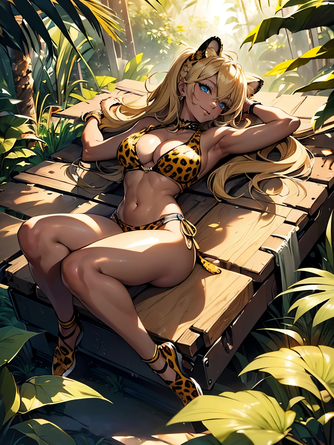 ((Seductive Anime lady:1.3, solo:1.5))、((fusion of leopard and lady:1.4))、((Lie on your back:1.4))、((full body:1.2))、((yellow color, bikini:1.2))、((wedgie))、((dark skin))、blonde hair、((Raise your arms to show your armpits))、((from above:1.2))、((Being in jungle:1.3))、erect nipples、((crop top navel:1.2))、((cleavage))、((Slender))、((sleeveless:1.2))、((collarbone))、((Glossy realistic skin texture))、((shiny skin))、masterpiece, ultra-detailliert, 8k, hiquality, Top image quality, Smooth texture、watercolor