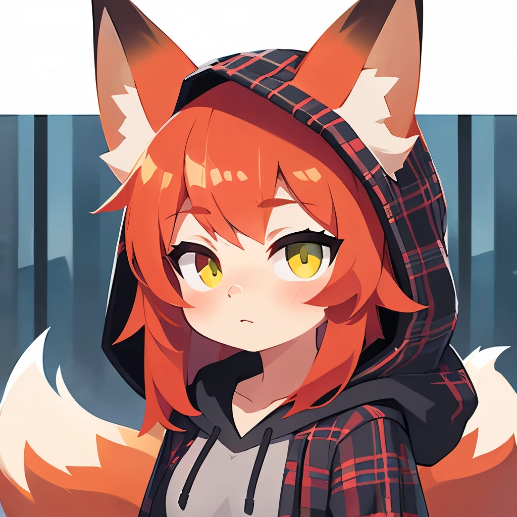 Girl, red hair, long hair, (Gray plaid with hood), heterochromia, green eye, yellow eye, photorealistic, detailed, fox ears, fox tail