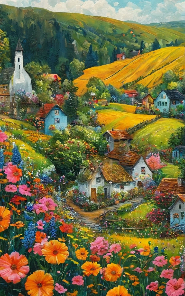 In this drug, fantastic, and magical double exposure images, We see a vivid painting，Depicts a small village nestled in a valley. This style is reminiscent of Van Gogh, Colorful、The strokes are bold. The village is surrounded by lush green fields and colorful flowers, There was a sense of tranquility in the air.