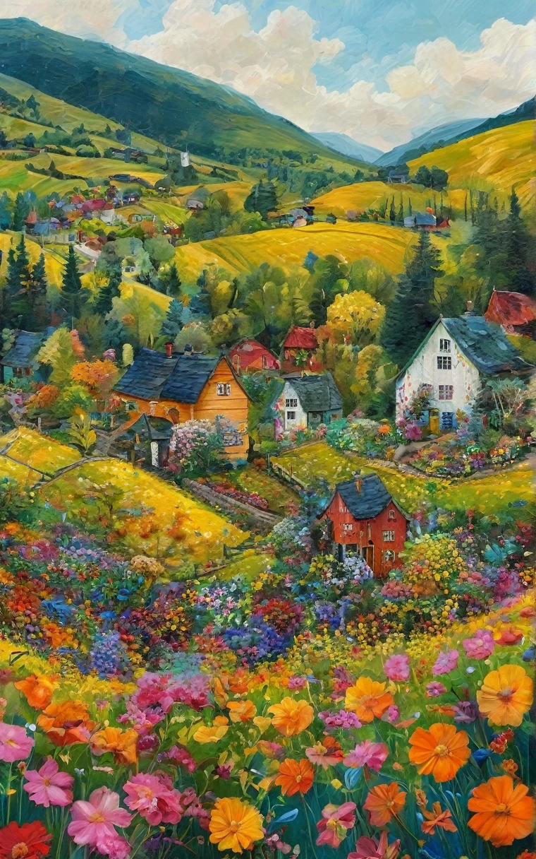 In this drug, fantastic, and magical double exposure images, We see a vivid painting，Depicts a small village nestled in a valley. This style is reminiscent of Van Gogh, Colorful、The strokes are bold. The village is surrounded by lush green fields and colorful flowers, There was a sense of tranquility in the air.