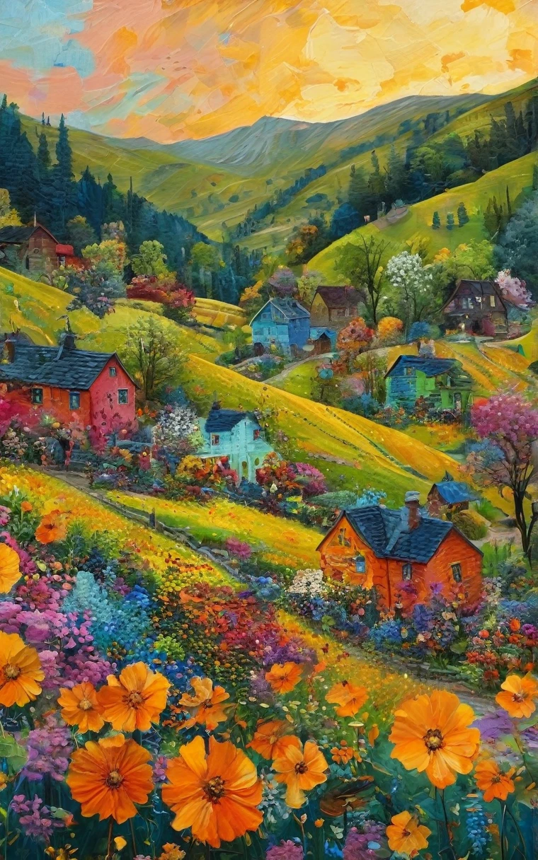 In this drug, fantastic, and magical double exposure images, We see a vivid painting，Depicts a small village nestled in a valley. This style is reminiscent of Van Gogh, Colorful、The strokes are bold. The village is surrounded by lush green fields and colorful flowers, There was a sense of tranquility in the air.