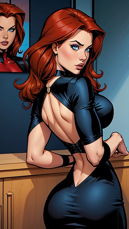.21 years old woman , long and smooth red tone hair, bright and expressive blue eyes, she opted for a elegant black dress. Booty, busty. Comic style. Marvel comics