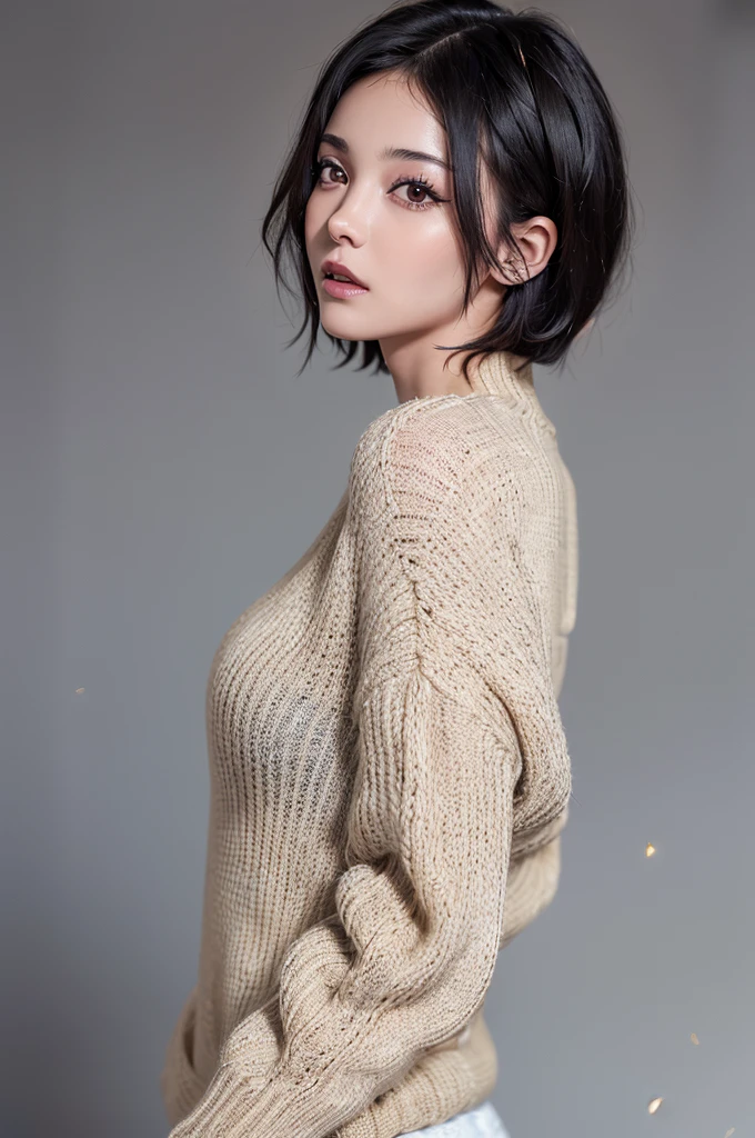 (masterpiece:1.3), (8K, Realistic, RAW Photos, Highest quality: 1.4), (One girl), Beautiful Face, (Realistic Face), (Black Hair, short hair:1.3), Beautiful hairstyle, Realistic eyes, Beautiful attention to detail, (Realistic Skin), Beautiful Skin, (sweater), Absurd, Charm, Ultra-high resolution, Ultra-realistic, Very detailed, Golden Ratio