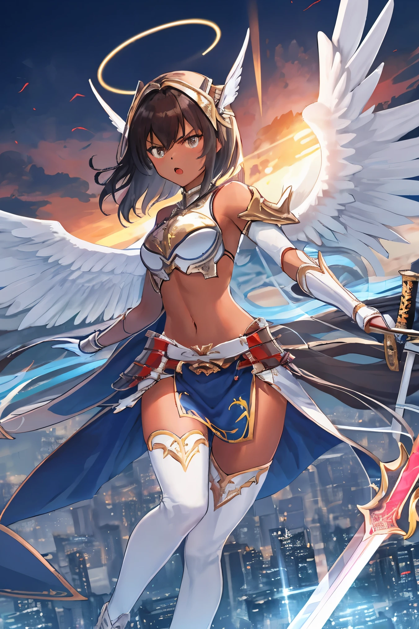 fantasy, 1angel_girl, low_teen, dark_brown_hair,long_bangs, (dark_skin)+, bare_shoulder, navel out, thighhighs,silver_shiny_armor, white_clothes,waist_armor, Glebe, hold_swords_emits_light, medium_breasts, dynamic_flying_pose,Floating, (1pair_white_wings:1.2),(pelvic_curtain:1.3), silver_Headgear ,looking_down_at_sunset_city_sky_background,,slightly_spread_legs, some_swords_emits_light,some_swords_emits_light_floating_around_the_girl,solo,glare_halo,angry,shout,open_mouth,open_legs,open_arms,rise_knee,rise_leg,rise_thigh,rise_leg,forward_leaning_posture,apart_legs,