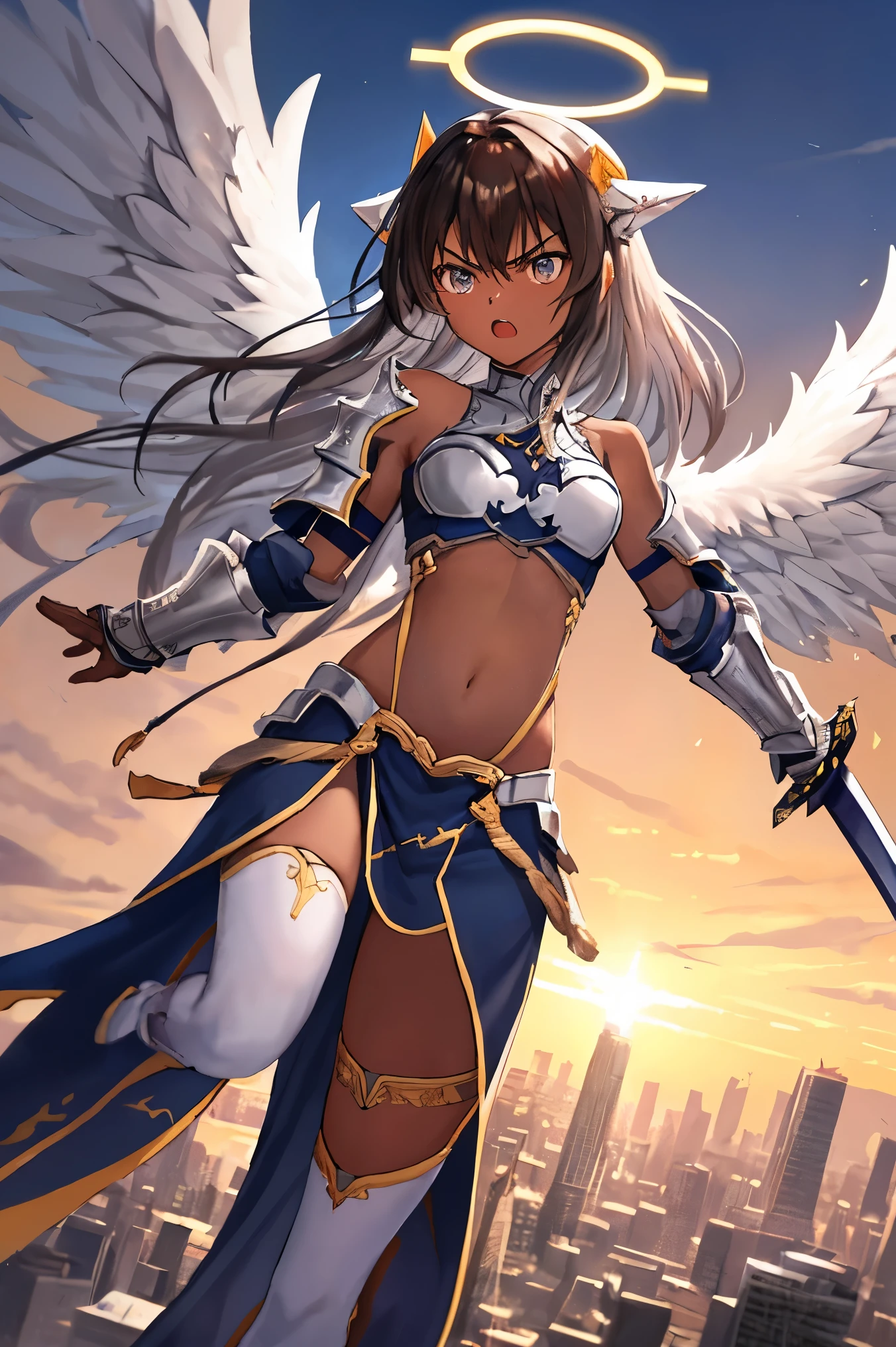 fantasy, 1angel_girl, low_, dark_brown_hair,long_bangs, (dark_skin)+, bare_shoulder, navel out, thighhighs,silver_shiny_armor, white_clothes,waist_armor, Glebe, hold_swords_emits_light, medium_breasts, dynamic_flying_pose,Floating, (1pair_white_wings:1.2),(pelvic_curtain:1.3), silver_Headgear ,looking_down_at_sunset_city_sky_background,,slightly_spread_legs, some_swords_emits_light,some_swords_emits_light_floating_around_the_girl,solo,glare_halo,angry,shout,open_mouth,open_legs,open_arms,rise_knee,rise_leg,rise_thigh,rise_leg,forward_leaning_posture,apart_legs,