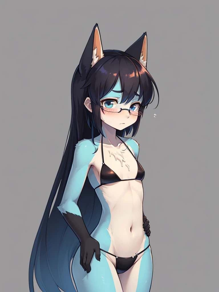 A skinny body girl , messy dull geek , Poses that accentuate the flat chest , Bikini, troubled face , (Place your hand on your flat chest) , (looking one's flat chest , Look down ) , If only there was a bit more...
