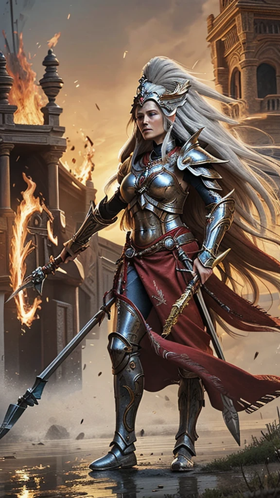 illustration of howling beautiful woman with long hair, in full armor, red feathers, floating hair, wearing intricately ornamented gold armor, holding a polearm, fire god's bow 
((banshee howling) woman:1.2), heavy armor, epic, reflective metal, silver decoration, (spear, holding a spear:1.1) detail,
in the middle of a siege, huge explosions, fighting poses, fighting, jumping, white horses in armor in the background of destruction,