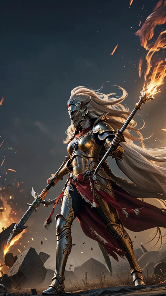 illustration of howling beautiful woman with long hair, in full armor, red feathers, floating hair, wearing intricately ornamented gold armor, holding a polearm, fire god's bow 
((banshee howling) woman:1.2), heavy armor, epic, reflective metal, silver decoration, (spear, holding a spear:1.1) detail,
in the middle of a siege, huge explosions, fighting poses, fighting, jumping, white horses in armor in the background of destruction,