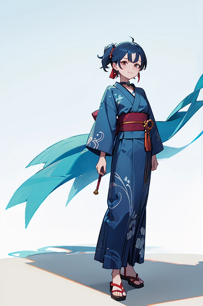 Blue and green yukata、Red and blue hair、Shoulders are out、Mischievous face、Choker on neck、Big earrings、The earrings are red、Arms crossed、Only the mouth is smiling、Straw sandals、Choker on right leg(whole body、Are standing、、White background)