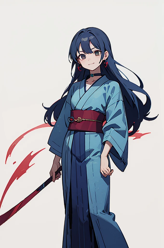 Blue and green yukata、Red and blue hair、Shoulders are out、Mischievous face、Choker on neck、Big earrings、The earrings are red、Arms crossed、Only the mouth is smiling、Straw sandals、Choker on right leg(whole body、Are standing、、White background)