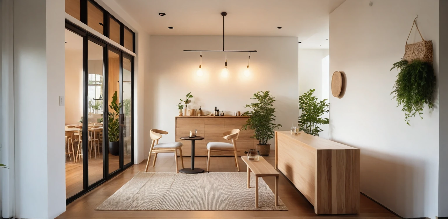 Minimalist Muji-style cafe-bar in living room, cafe-bar furniture, door on the left, interior house on the right, neutral color palette, natural materials, soft lighting, low-profile white couch, wooden chair, natural wood coffee table, indoor plants, minimalist wall art, woven rug, natural light, tranquility, functionality, harmonious blend, 
 The scene is enhanced by a shallow depth of field, with the focus on the detailed table setting and a bokeh background, creating a serene and sophisticated ambiance. ((8k)), high quality detail, cozy and elegant environment, artistic and inviting.
 depth of field camera, 50mm, ((8k)), high quality detail, soothing and elegant ambiance. , ((8k)), ((UHD)), 8k, high quality detail, realistic photo, luxurious, beautiful, modern, soothing, cozy, peaceful, cottagecore
