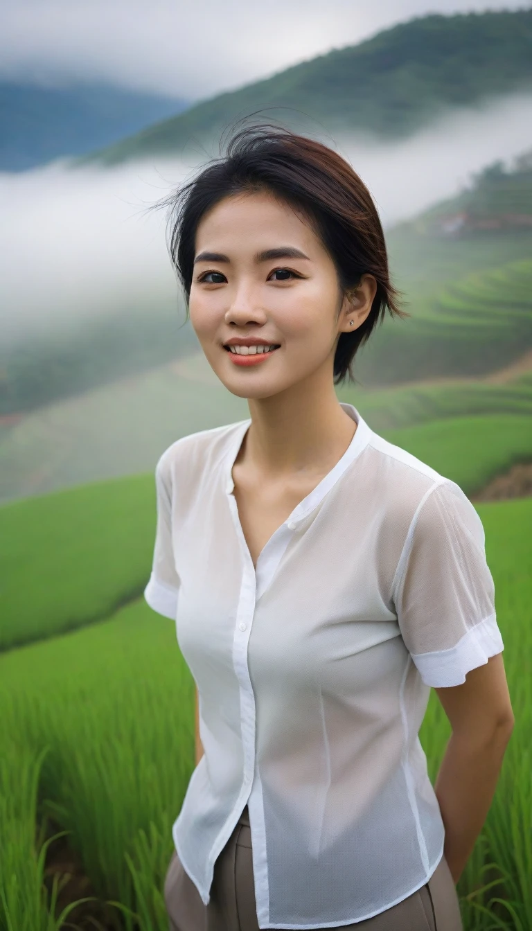 Beautiful Korean Woman, Chest size 34 inches, Wearing a short-sleeved white shirt and pants, Foggy scenery of Sapa, Vietnam, A terraced rice field is visible, short medium hair, Taken from a distance with a wide angle lens, Realistic living landscape, Front photo facing the camera, best picture quality, Short medium hair blowing in the wind, slight smiling, Fog obscures the future