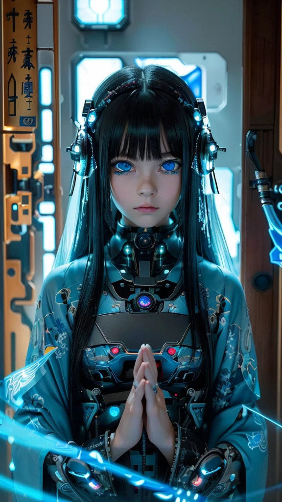 Ultra-detailed, master piece, best quality, high resolution,  detailed eyes, detailed face, (Neo Tokyo:1.5), (Cyberpunk:1.5), (Fusion with Machine:1.5), ************, very pretty and beautiful, girl with mysterious atmosphere, ghost,  in appearance, graceful in traditional Japanese costume and design, (beautiful light blue eyes:1.5), (light blue plasma around her:1.5), bio-mechanical, traditional Japanese room with elegance, long black hair, bangs, face, hands, design and (light blue plasma surrounds), biomechanical, Japanese traditional noble Japanese room, long black hair, bangs, face, hands, designs and decorations are detailed and clearly drawn, ultra realistic and realistic image with super high resolution