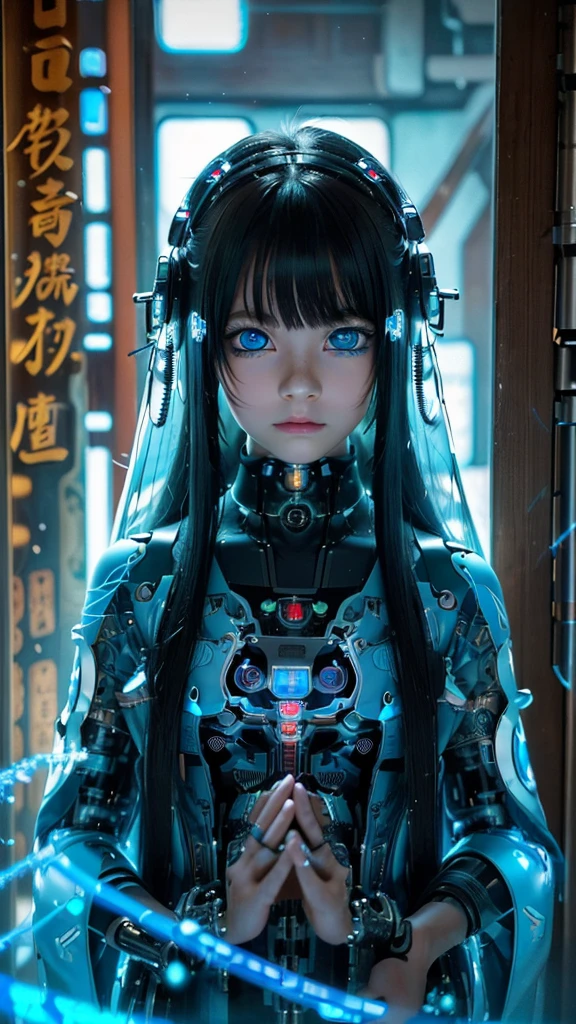 Ultra-detailed, master piece, best quality, high resolution,  detailed eyes, detailed face, (Neo Tokyo:1.5), (Cyberpunk:1.5), (Fusion with Machine:1.5), 12 years old, very pretty and beautiful, girl with mysterious atmosphere, ghost,  in appearance, graceful in traditional Japanese costume and design, (beautiful light blue eyes:1.5), (light blue plasma around her:1.5), bio-mechanical, traditional Japanese room with elegance, long black hair, bangs, face, hands, design and (light blue plasma surrounds), biomechanical, Japanese traditional noble Japanese room, long black hair, bangs, face, hands, designs and decorations are detailed and clearly drawn, ultra realistic and realistic image with super high resolution