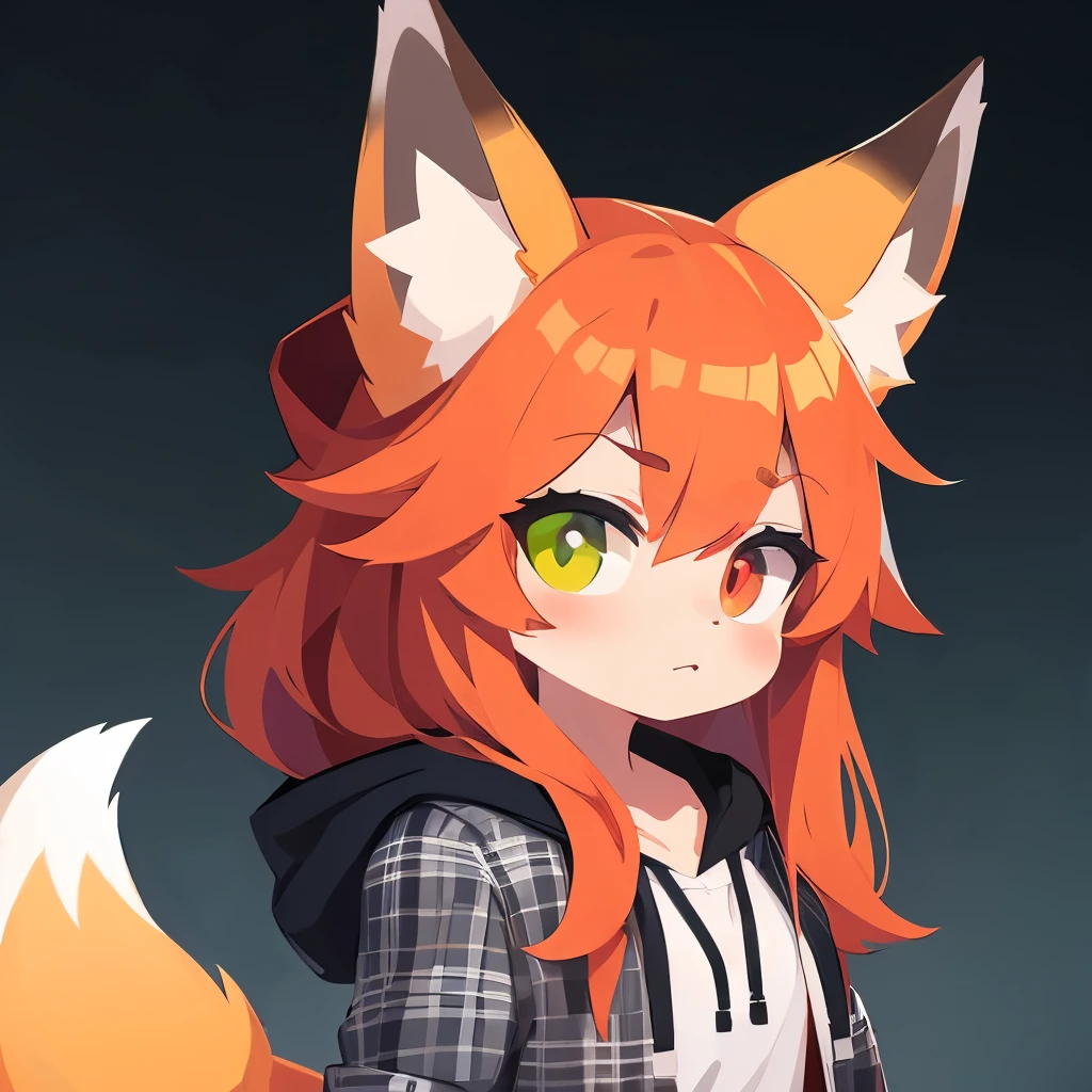 Girl, red hair, long hair, (Gray plaid with hood), heterochromia, green eye, yellow eye, photorealistic, detailed, fox ears, fox tail