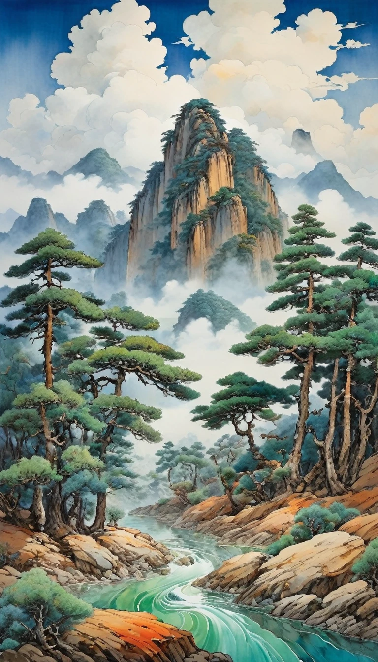 Chinese landscape painting,Inspired by Wang Ximeng’s landscape paintings《A Thousand Miles of Rivers and Mountains》,
The inscription reads ((("å´»éš è€...ä¸ é ‡-å” -贸岛"))),
Using Azurite,lapis lazuli,malachite,Orpiment,Limonite,Vermillion and other mineral pigments for coloring,Makes the rocks appear thick and green,Full and rich picture,The colors are rich and vivid,
The pupil under the pine tree asked,He said he went into the mountains to collect herbs. He only knew that in this mountain,But the clouds on the mountain don't know his whereabouts.,